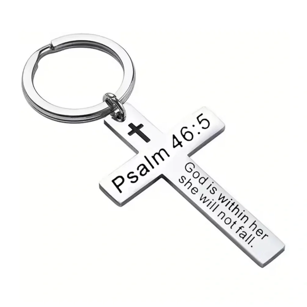 Silver Cross Keychain with Psalm 46:5 Christian gift